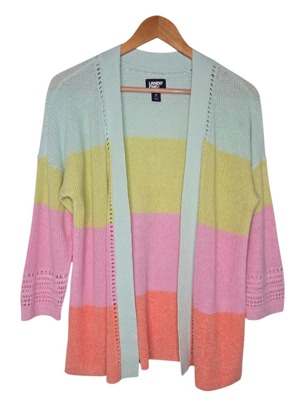 Lands End Womens Rainbow Striped Cotton Linen Open Front Knit Cardigan Medium